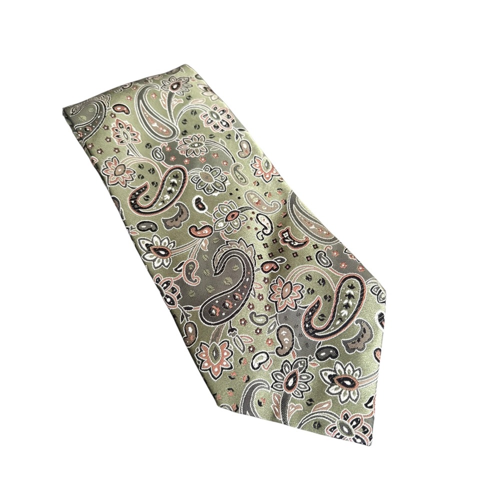 Geoffrey Beene 100% Silk Tie Green Paisley Floral Necktie Classic‎ Men's
